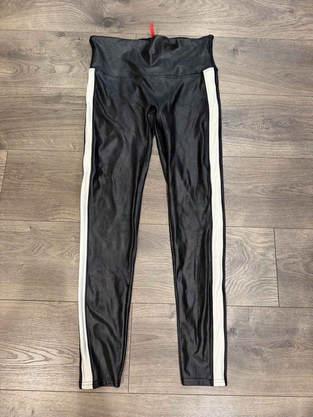 SPANX Women’s Faux-leather Stripe Leggings Large Black & White EUC